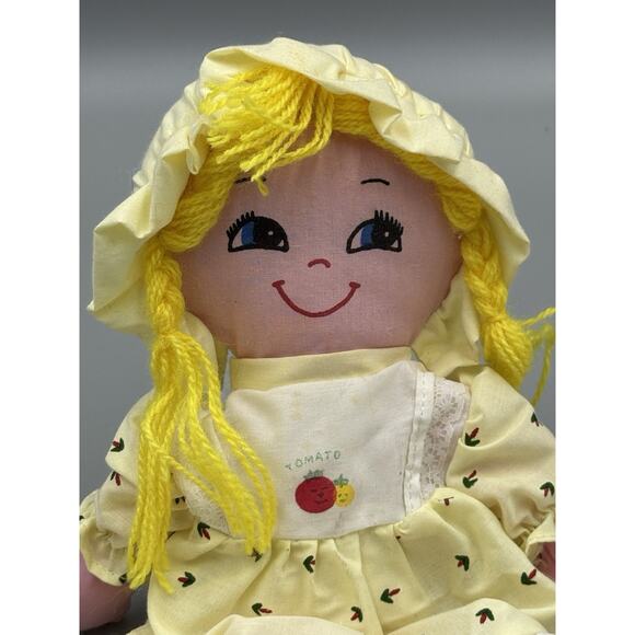 Yellow Haired Rag Cloth Doll In Dress & Bonnet Tomato On Dress 12” READ DETAILS - Picture 2 of 8